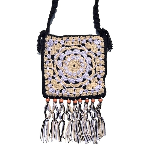 Boho Crochet knit shoulder bag handmade crossbody tassel beaded black purple - Picture 2 of 4